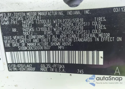 2013 Toyota Sienna Limited 7 Passenger из США, поврежденный, VIN 5TDDK3DC5DS061607